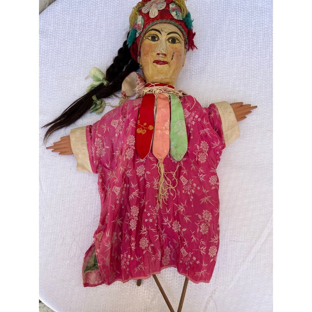 Antique Chinese Rod Puppet Pink Silk Robe Hand Painted Folk Art Traditional Doll